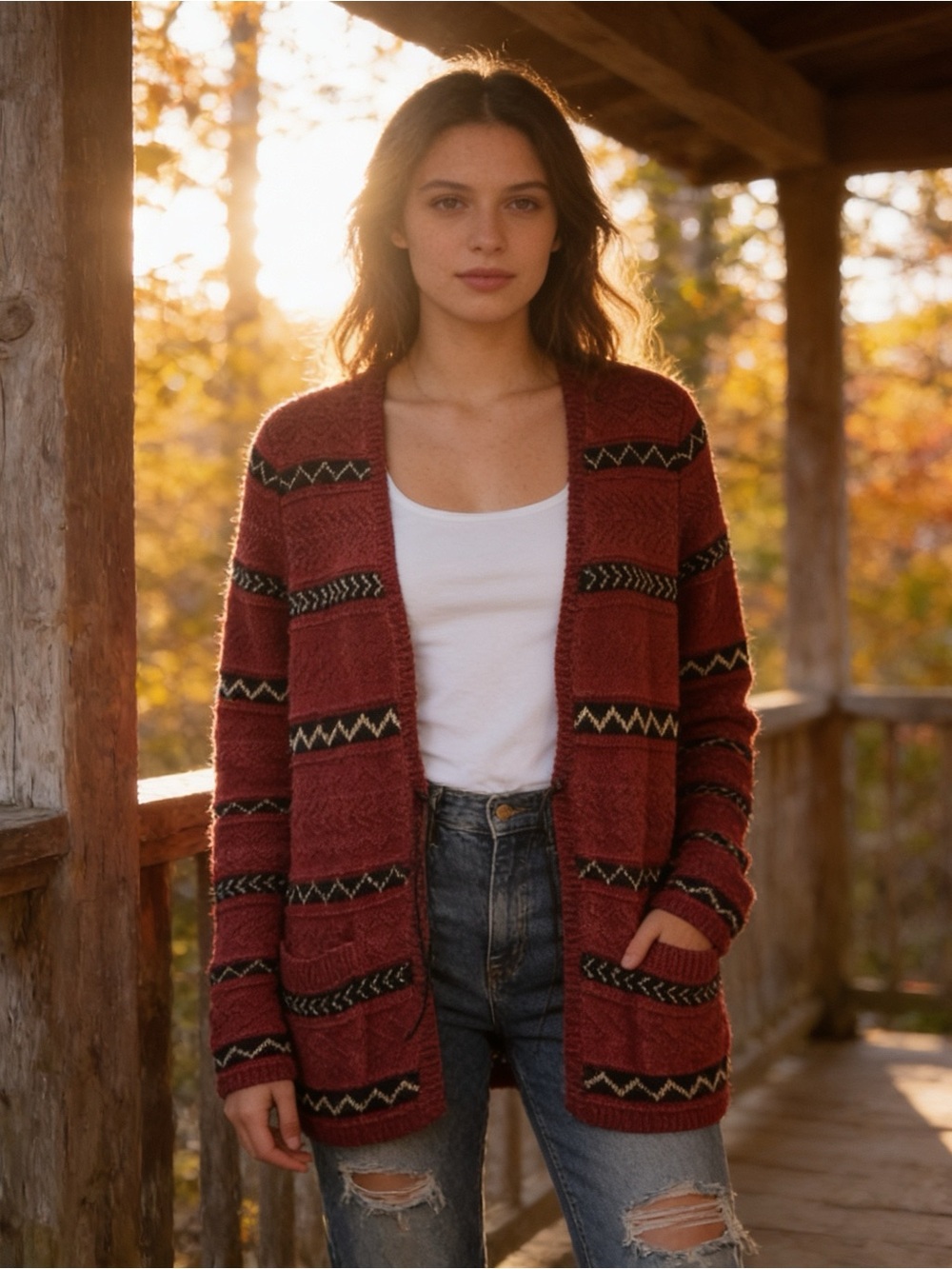 Vintage Ralph Lauren Red Southwest Hand Knit Linen Cotton Cardigan M Tie Front